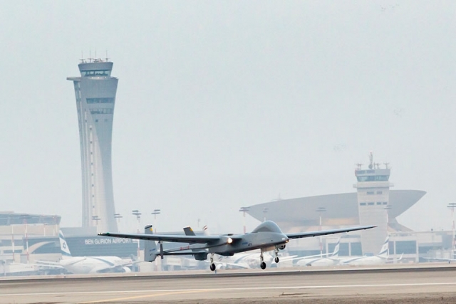 Israeli Heron First to Operate at Civilian Airport alongside Commercial Jets