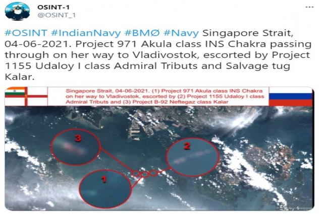 Nuclear Submarine INS Chakra Spotted in Straits of Malacca Escorted by Russian Naval Ships