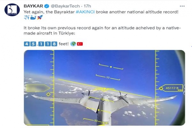 Turkish Akinci Sets New Altitude Record for Combat Drones