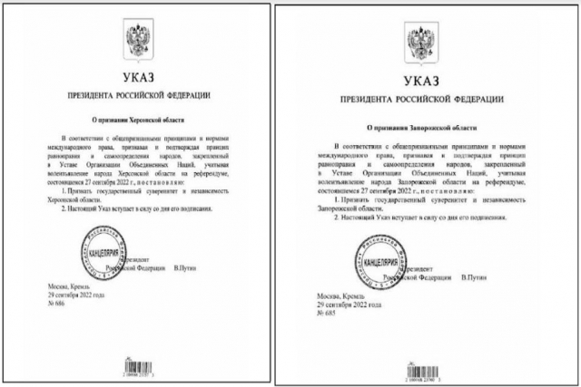 Putin Recognizes Kherson, Zaporizhzhia as “Independent” Territories