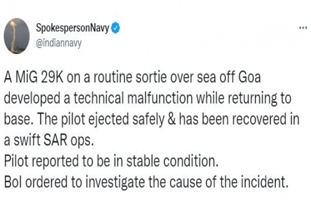Indian Navy’s MiG-29K Crashes in Sea, Pilot Stable