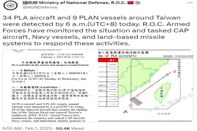 China Flies 34 Aircraft, 9 Ships Near Taiwan as U.S. House Speaker Plans Island Visit