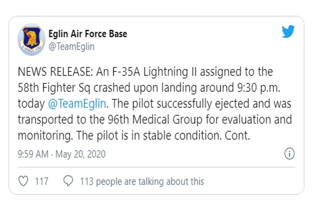 USAF F-35A Fighter Jet Crashes in Florida, Pilot Ejects 