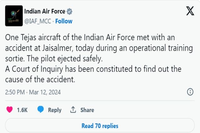 First Ever Crash of an India LCA Tejas Fighter Aircraft