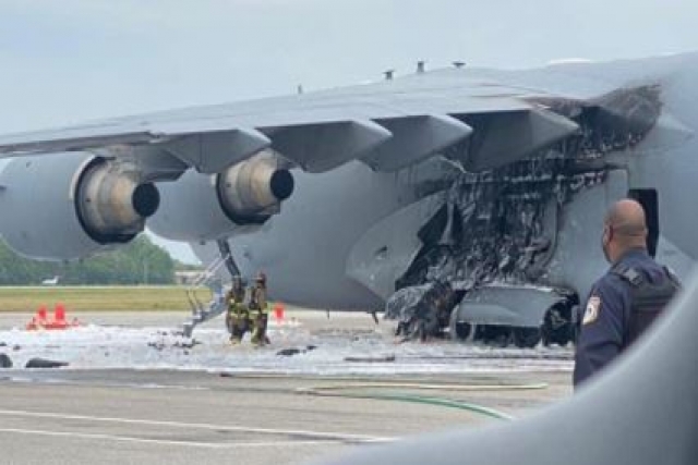 U.S.A.F. C-17 Airlifter Catches Fire on Runway