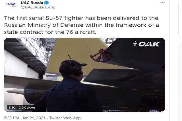 First Serially Produced Su-57 Jet Delivered to Russian MoD